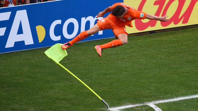 Klaas-Jan Huntelaar of the Netherlands celebrates scoring his team's second goal from a penalty kick against Mexico