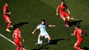 Lionel Messi of Argentina controls the ball against Josip Drmic, Fabian Schar, Stephan Lichtsteiner and Ricardo Rodriguez of Switzerland