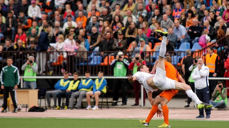 Sligo's Evan McMillan takes a tumble