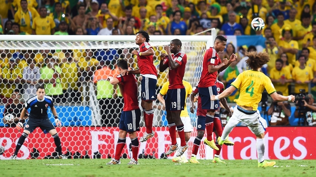 David Luiz curls a beautiful free-kick into the top corner of the Colombian net