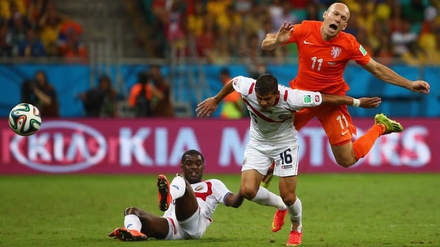 The other Dutch standout, forward Arjen Robben, faced similar difficulty in working through the Costa Rica back line. Here, defender Cristian Gamboa kept Robben away from the ball