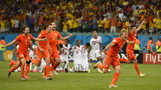 The Netherlands celebrated escaping their first World Cup penalty shootout with a score of 0(4)-0(3). They will now face Argentina in the semi-finals on 9 July