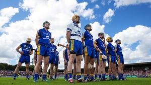 The Clare team stand for the national anthem ahead of their clash with Wexford