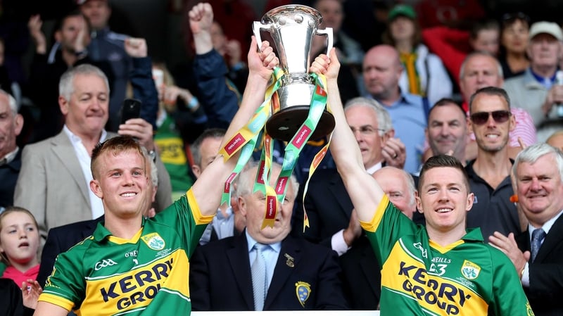 Kerry's Fionn Fitzgerald and Kieran O’Leary lift the cup
