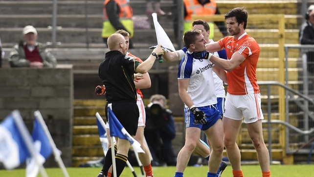 Armagh's Aaron Findon and Monaghan's Dermot Malone tussle in Clones