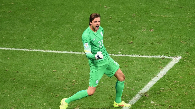 Tim Krul of the Netherlands celebrates after saving a penalty against Costa Rica