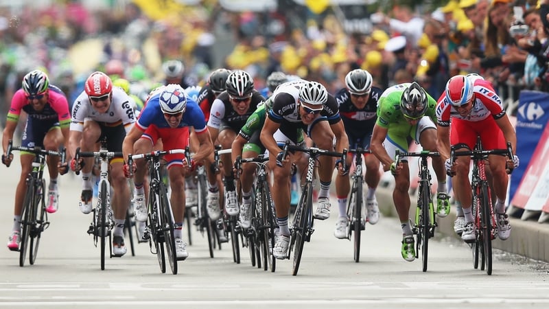 Marcel Kittel (fourth from right) won his third stage of this year's Tour de France