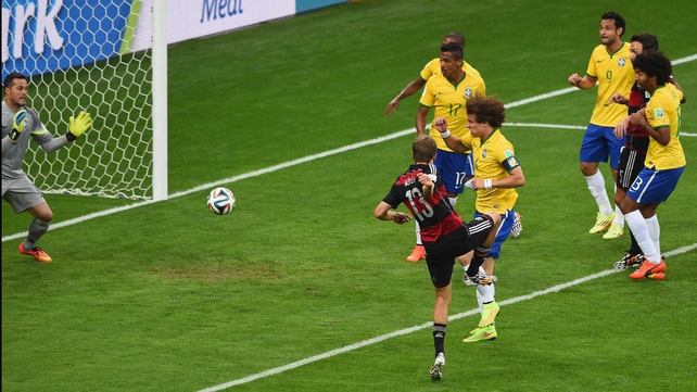 Yet, Germany struck first when forward Thomas Mueller scored on his side's first corner past Brazil defender David Luiz, who totally missed his mark on the play