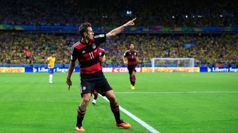 Klose celebrates scoring his landmark 16th World Cup goal