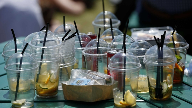 Empty Pimms glasses on a table during day eleven of the Wimbledon Championships