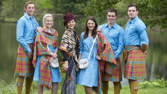 Scott Wright (Rugby 7s) Frania Gillen-Buchart (Squash) designer Jilli Blackwood, Charline Joiner (Cycling), Lee Jones (Rugby 7's) and Sean Lamont (Rugby 7s) in the Scottish opening ceremony costume for the Commonwealth Games