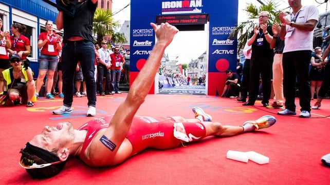 Jan Frodeno of Germany reacts after finishing the Ironman Frankfurt on Sunday