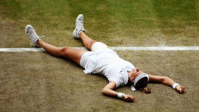Petra Kvitova celebrates after beating Eugenie Bouchard to win Wimbledon on Saturday