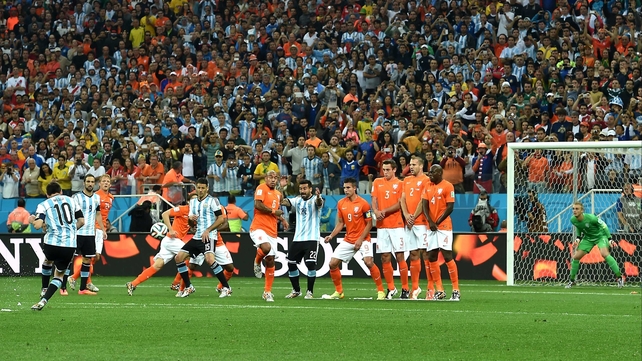 Argentina's star forward Lionel Messi took the first of a few free kicks in the first half