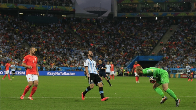 While Netherlands keeper Jasper Cillessen managed to wrangle a ball off the foot of Argentina forward Gonzalo Higuain