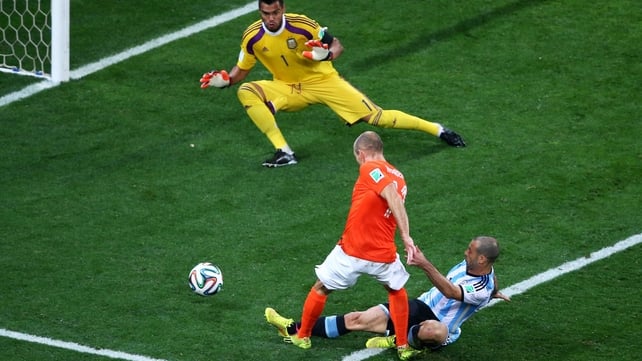 And Robben had probably the nearest chance of the period, when he took one touch too many on a ball in injury time that was cleared masterfully by Mascherano