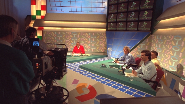 With the panel, including a youthful Peter Collins, during Italia '90