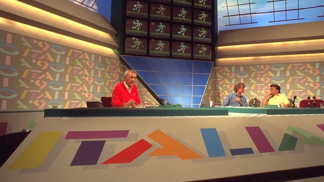 V-necked and ready to go with Eamon Dunphy and John Giles during Italia '90