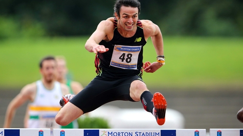 Thomas Barron his way to winning the Davy International Mens 400 Hurdles