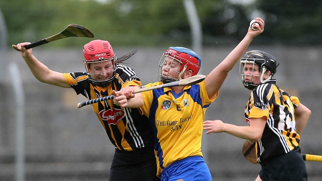 Clare's Niamh O'Dea and Aisling Dunphy of Kilkenny battle in the camogie championship