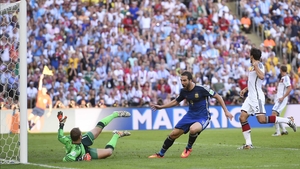 Higuain celebrated the goal, while the linesman raised his offside flag in the background