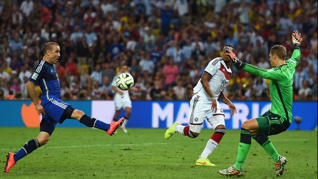 Argentina forward Rodrigo Palacio - steered ahead by his majestic rat tail - should have scored in the first period of extra time, but was prevented by a fearless Neuer who charged ahead