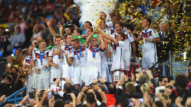 And the German players triumphantly raised the World Cup trophy, to bring this spectacular go-around to a close