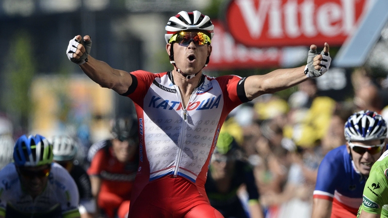 Alexander Kristoff celebrates as he crosses the finish line