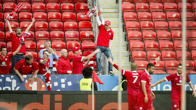 Danny North celebrates his goal in front of the travelling Sligo faithful