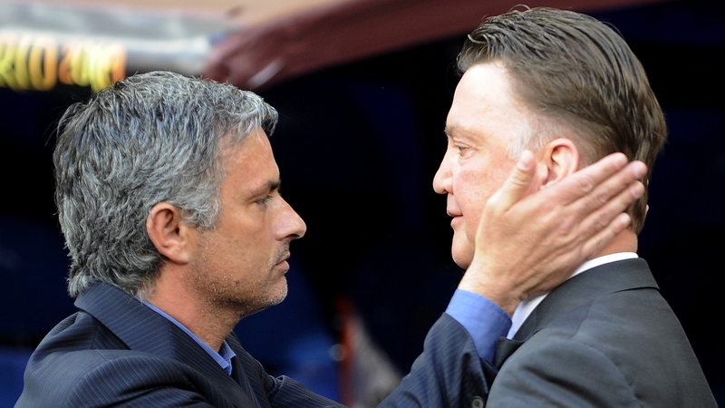 Then Bayern Munich's head coach Louis van Gaal (R) and then Inter Milan coach Jose Mourinho at the Champions League final in 2010