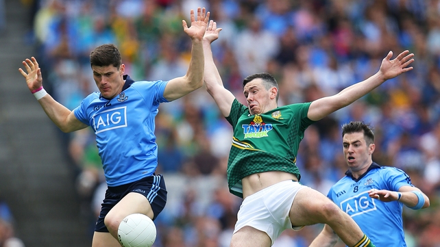 Meanwhile, in Croke Park, Dublin's Diarmuid Connolly and Andrew Tormey of Meath compete for the ball