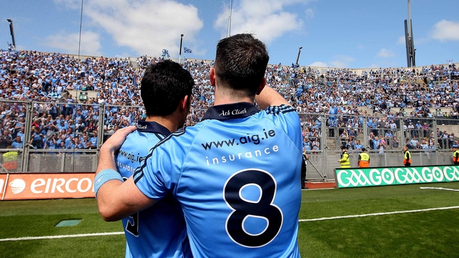 Dublin’s Cian O’Sullivan and Michael Darragh MacAuley celebrate in front of the Hill