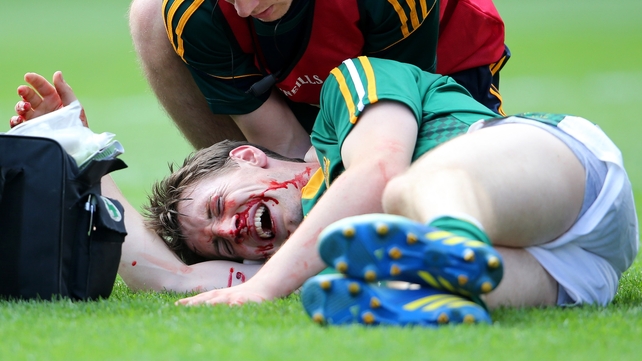 Meath's Brian McMahon receives treatment for a blood injury during the Leinster final