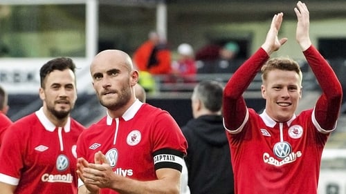 Sligo goalscorers Alan Keane and Danny North celebrate after the first leg