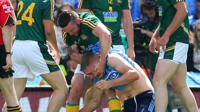 Dublin's Eoghan O’Gara and Michael Burke of Meath during a heated moment in the Leinster SFC final on Sunday