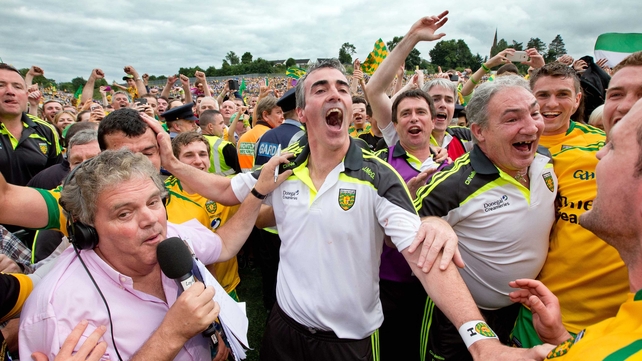Jim McGuinness celebrates winning the Ulster SFC title on Sunday