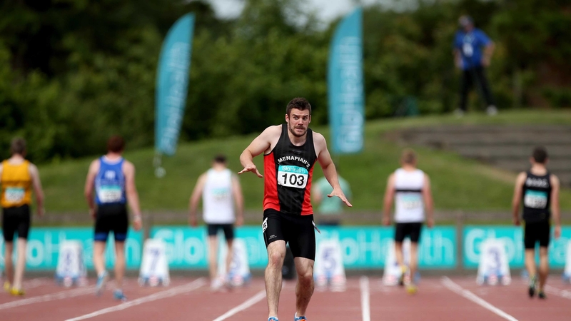 Defending champion David Hynes of Menapians AC reacts nervously after a false start for which he was later disqualified at the National Championships on Sunday