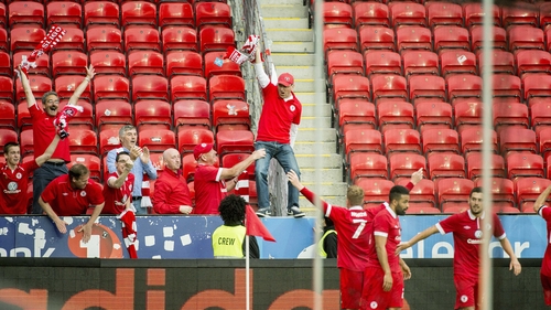 Danny North celebrates scoring Sligo's second goal with fans in the first leg - John Coleman suggested they would be taking the game to Rosenborg in the return fixture