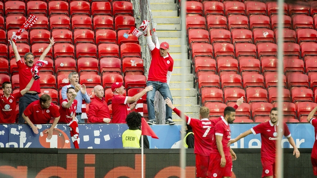 Danny North celebrates scoring Sligo's second goal against Rosenborg with fans on Thursday