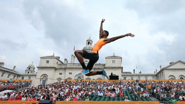 USA's Mike Hartfield in the long jump during the London Anniversary Games at Horse Guards Parade, London on Sunday
