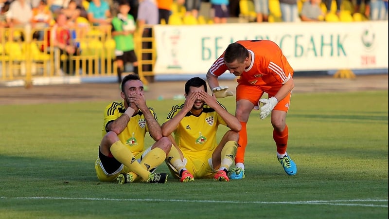Speak no evil, see no evil - Shakhtyor Soligorsk's players engage in a somewhat odd celebration following their opening goal in Belarus