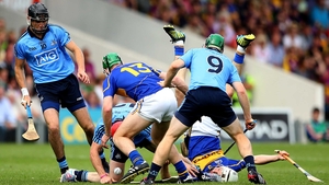 During the game, the tackles came in hard and fast: Here, Tipperary's Noel McGrath and James Barry with Danny Sutcliffe, Ryan O'Dwyer and John McCaffrey of Dublin battle for the sliotar