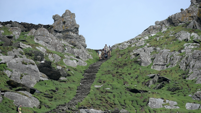 Production crew work to create sets on Skellig Michael as Star Wars Episode VII begins filming