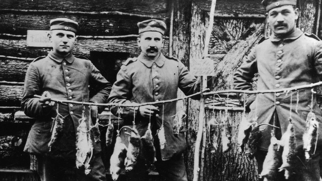Three German soldiers display rats killed in their trench the previous night