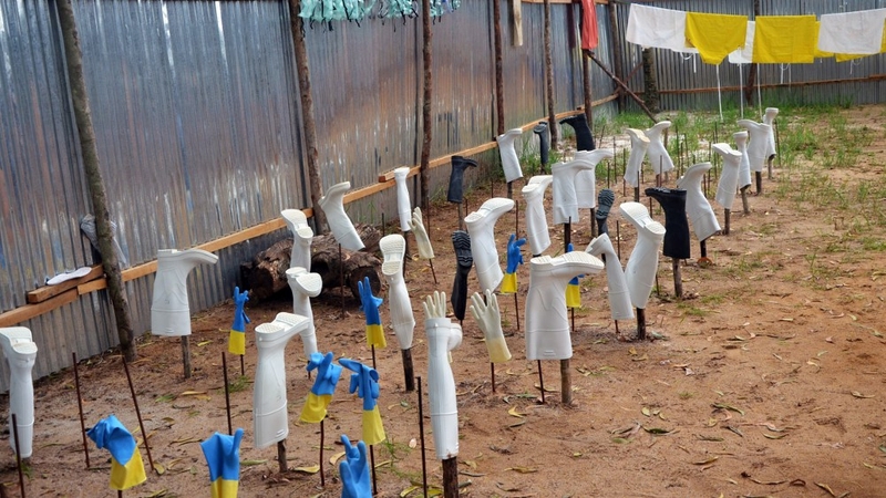 Protective gear drying after being used in an Ebola treatment room in Liberia