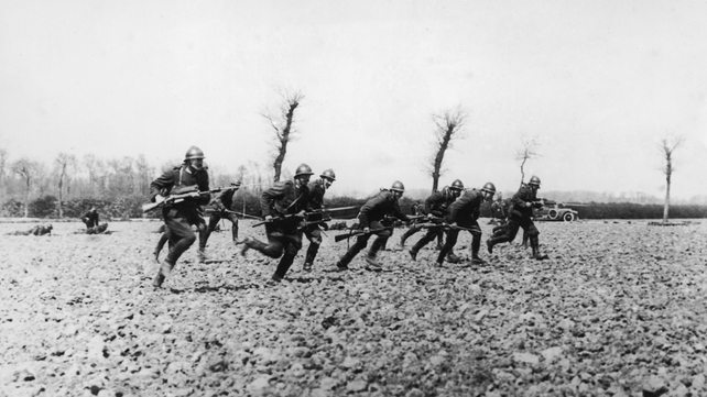 Belgian soldiers make a charge near the River Yser