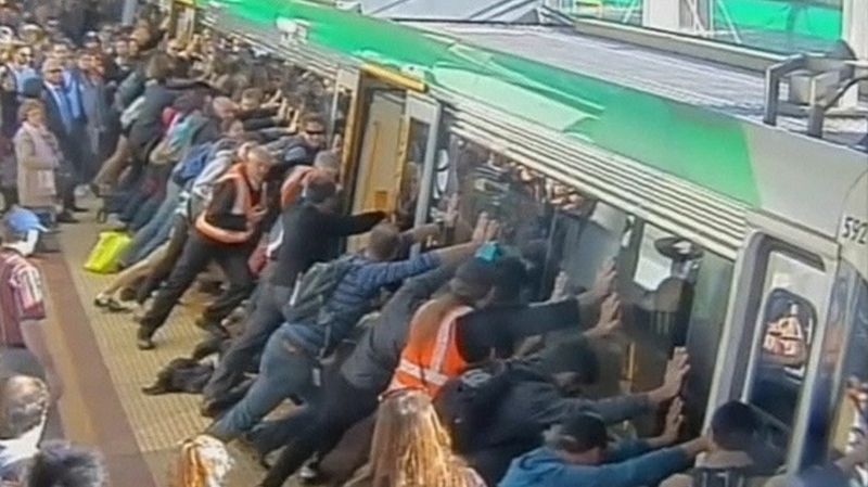 Commuters in Perth tilted the train so the man could be freed