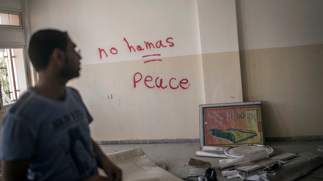 Graffiti allegedly written by Israeli soldiers who used a high school for girls as an advanced base during their ground offensive in Gaza in Beit Hanoun