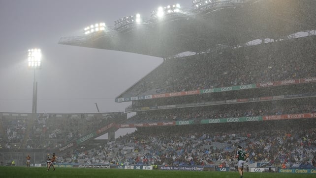 Rain sweeps across the pitch at Croke Park