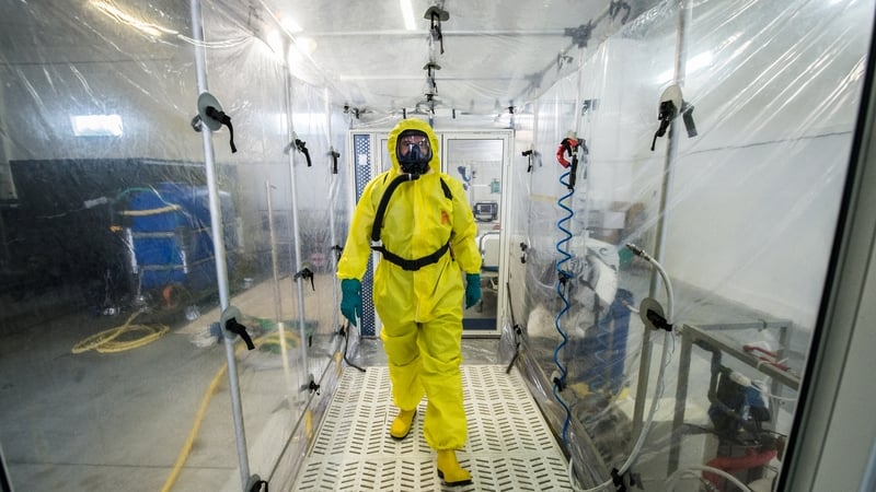 A Czech army member during a simulation in the Biological Defense Centre in the village of Techonin